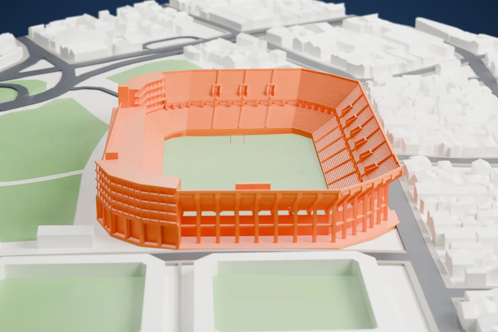 A white 3D print of Estadio Brigadier General Estanislao López, an oval concrete stadium bowl with a column-lined facade, among surrounding streets and buildings.