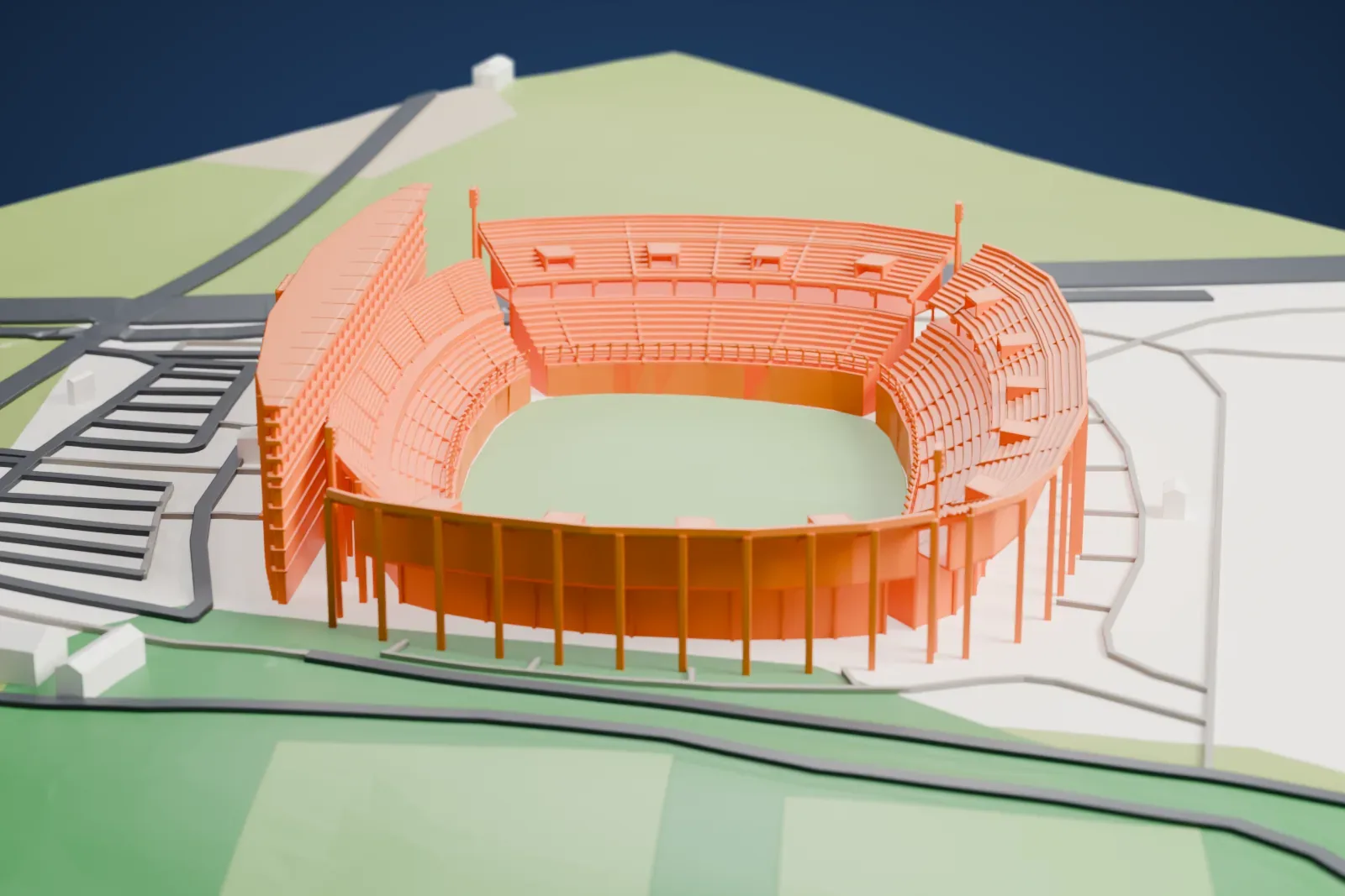 A white 3D print of Estadio Campeón del Siglo, an open rectangular bowl with four stands and a tall hospitality building, surrounded by the city of Montevideo.