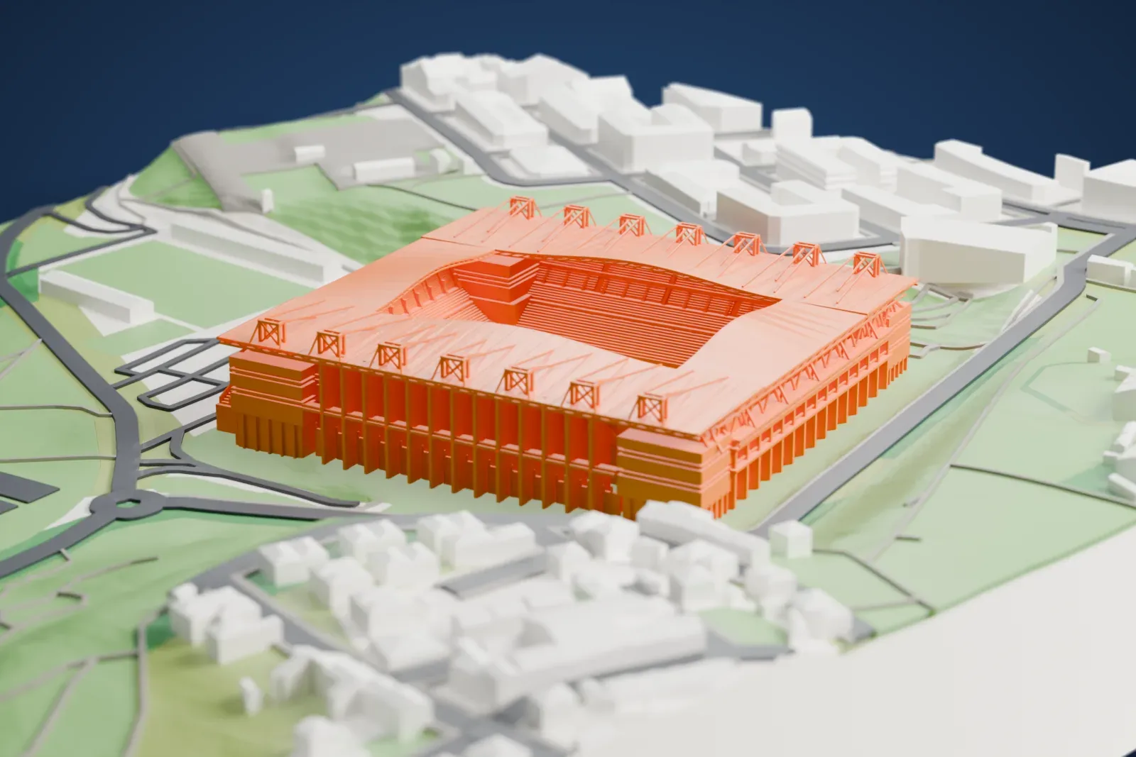 A white 3D print of Estadio Carlos Tartiere, a rectangular stadium with a roof ring, raised cable gantries and four corner towers around an open pitch, among surrounding buildings.