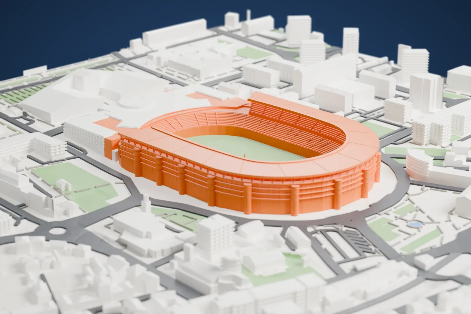 A white 3D print of the Estádio Cidade de Coimbra, a rounded bowl with a thin horseshoe roof open at one end and cylindrical stair drums outside, among surrounding streets and buildings.