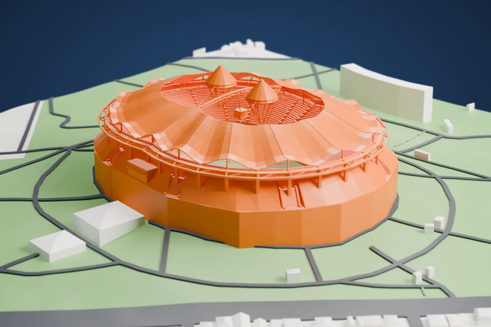 A white 3D print of Estadio Ciudad de La Plata, a round stadium with a ribbed roof and two cones, set in green grounds crossed by curving roads.