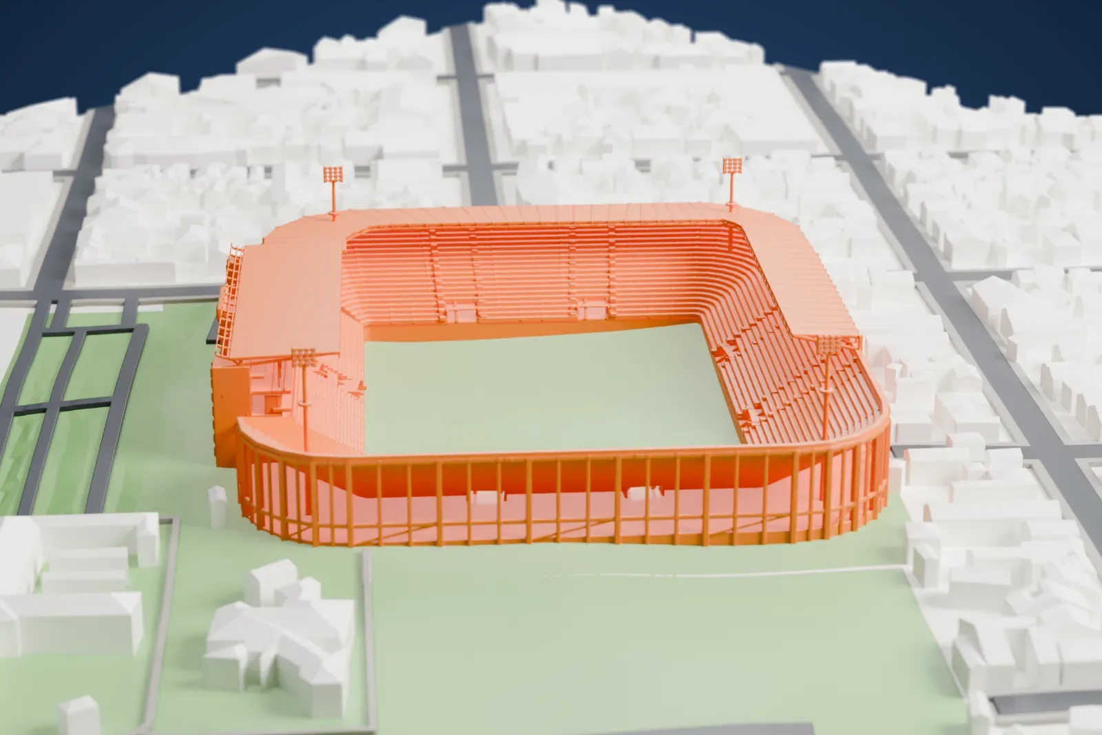 A white 3D print of the Estadio Ciudad de Lanús – Néstor Díaz Pérez, an open stadium with tall light masts, surrounded by streets of low buildings.