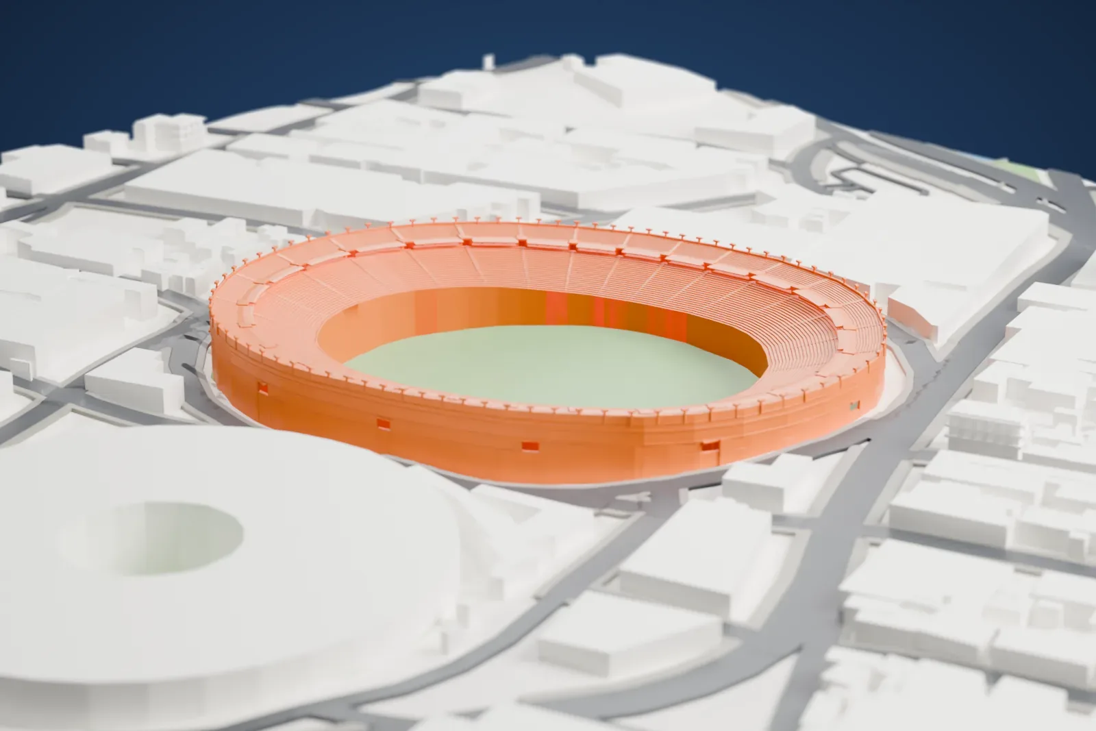 A white 3D print of Estadio Ciudad de los Deportes, showing its open oval bowl and low rim among the surrounding streets and buildings.
