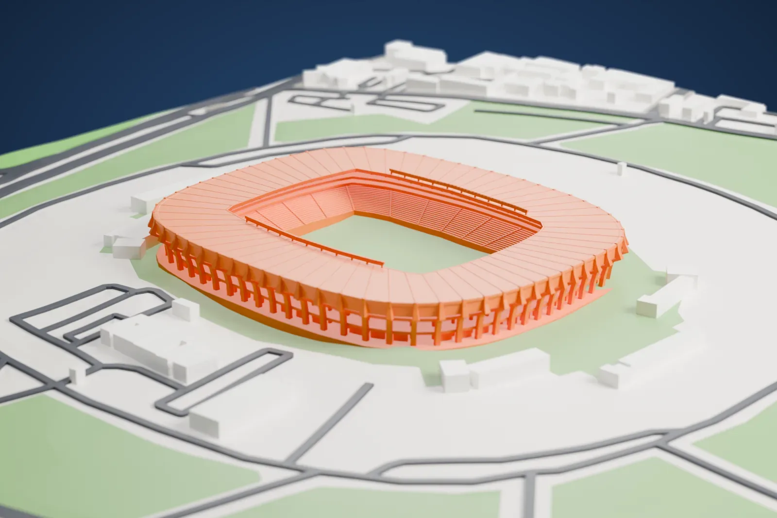 A white 3D print of Estadio Corregidora, a low oval stadium bowl with an open center and a continuous roof canopy, among the surrounding streets and buildings of Querétaro City.