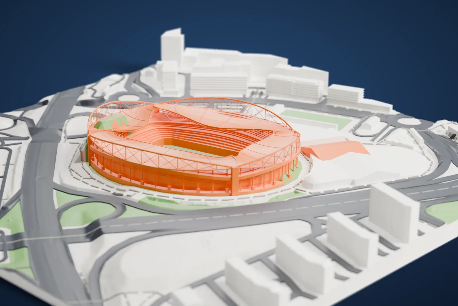 A white 3D print of Estádio da Luz, an oval stadium with a sweeping roof and steel arches, surrounded by wide roads, roundabouts and nearby buildings.