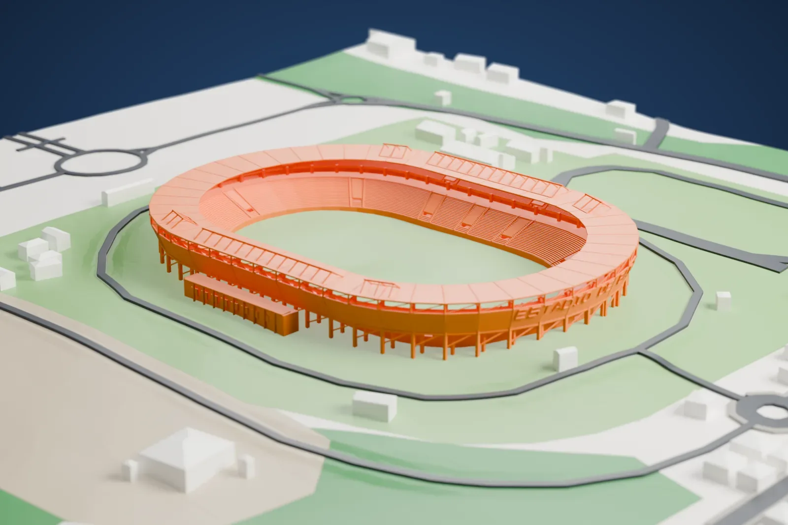 A white 3D print of Estadio de Bata, an oval stadium with stepped stands and a ring roof on slim supports, among surrounding streets, houses and green areas.
