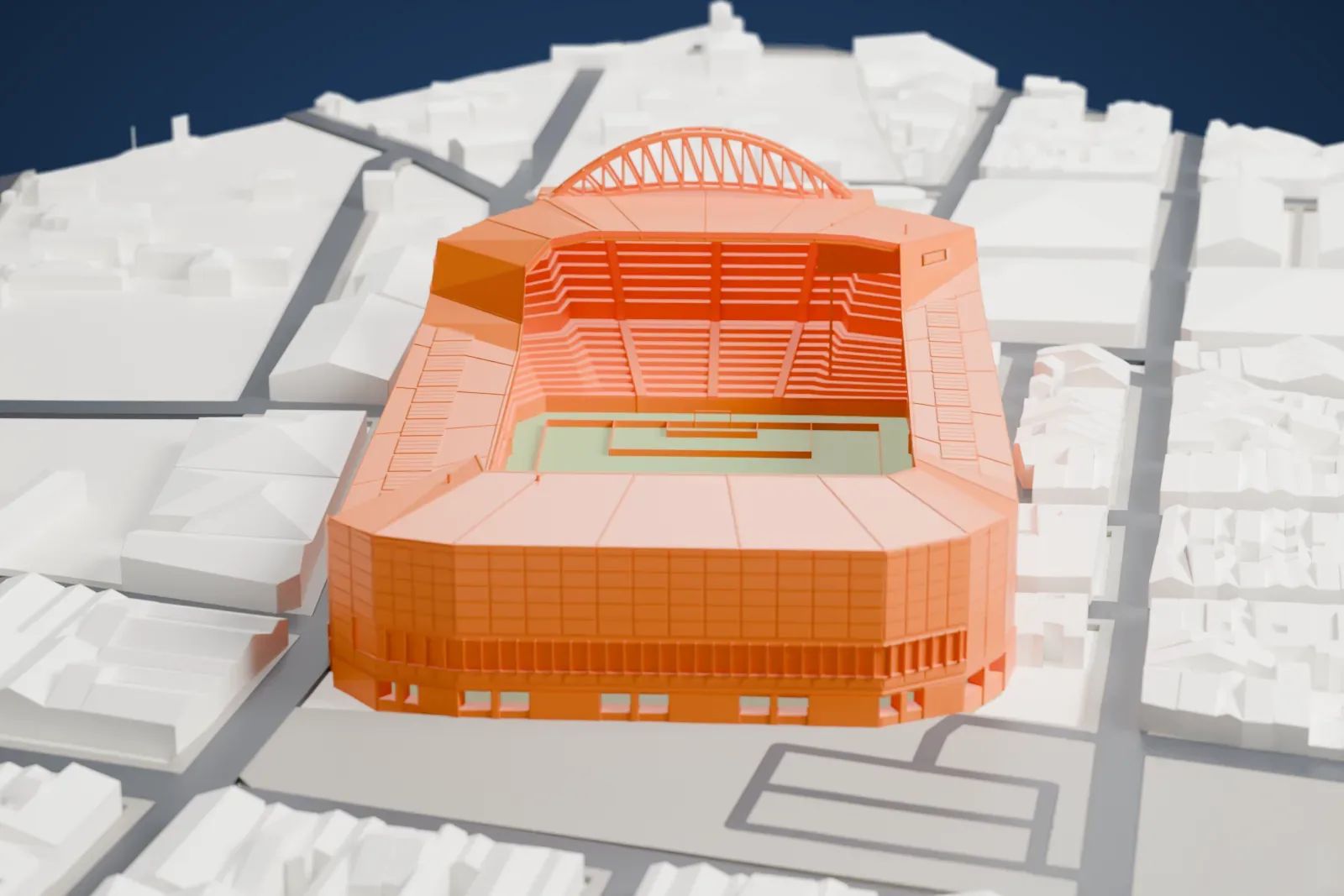 A white 3D print of the Estadio de la Cerámica, a fully enclosed football bowl under one continuous roof with a tall trussed north end, among surrounding streets and buildings.