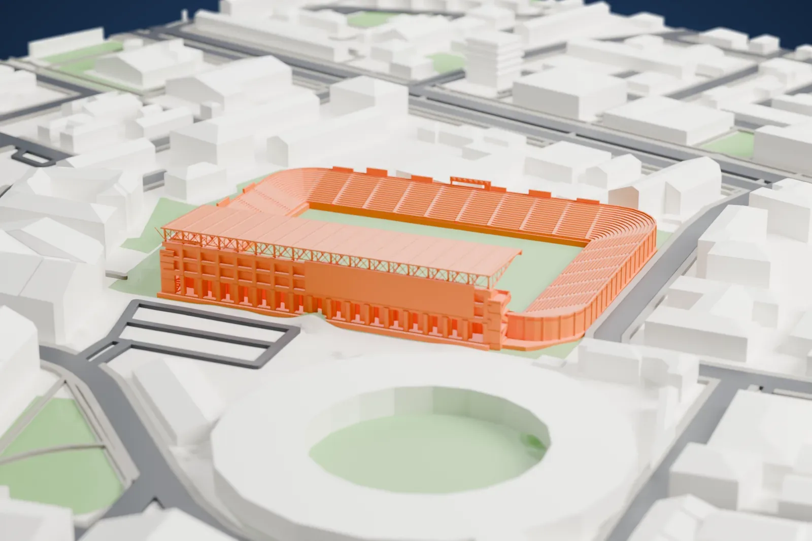 A white 3D print of Estadio de La Condomina, a stadium with curved open stands on three sides and a large roofed stand on the fourth, hemmed in by streets and buildings.