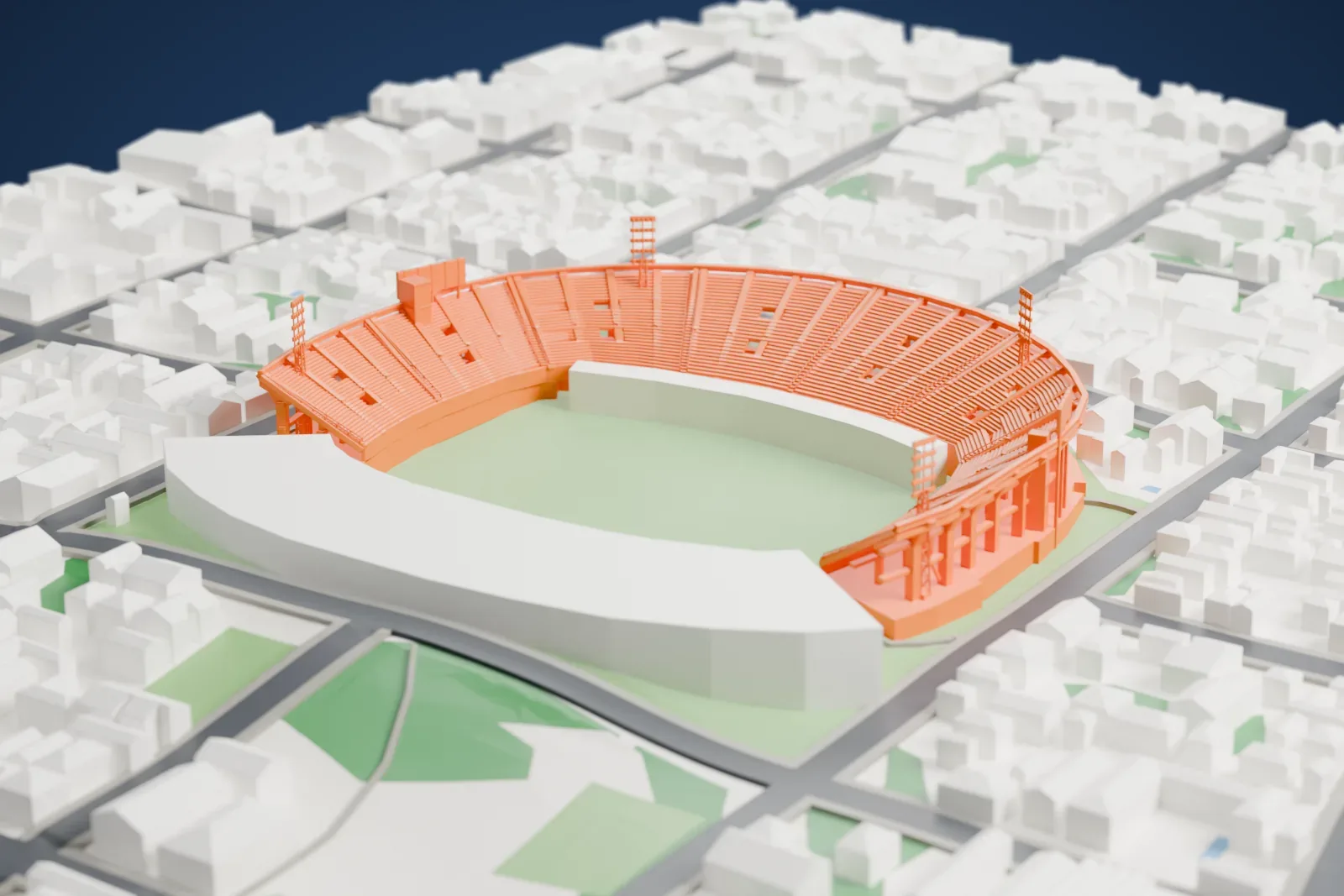 A white 3D print of the Estadio Defensores del Chaco, an open horseshoe of concrete terraces and floodlight masts, among the streets and buildings of Asunción.
