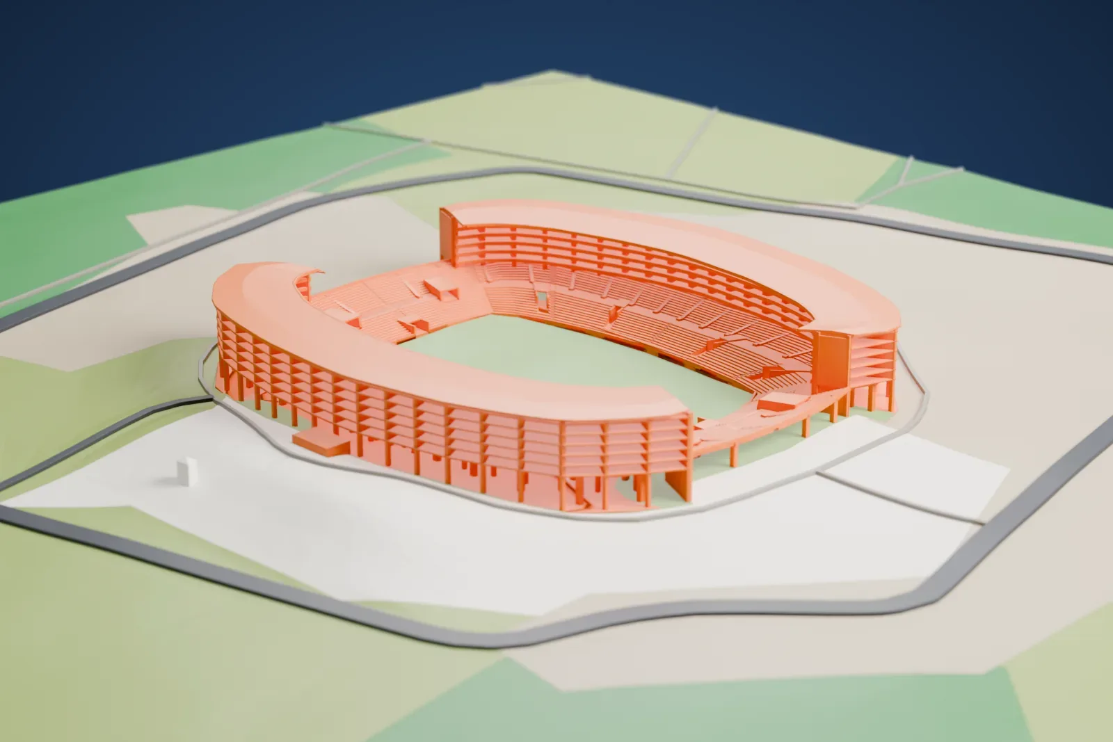 A white 3D print of Estadio Deportivo Cali, with its two curved roof canopies and low open end terraces, among surrounding streets and buildings.