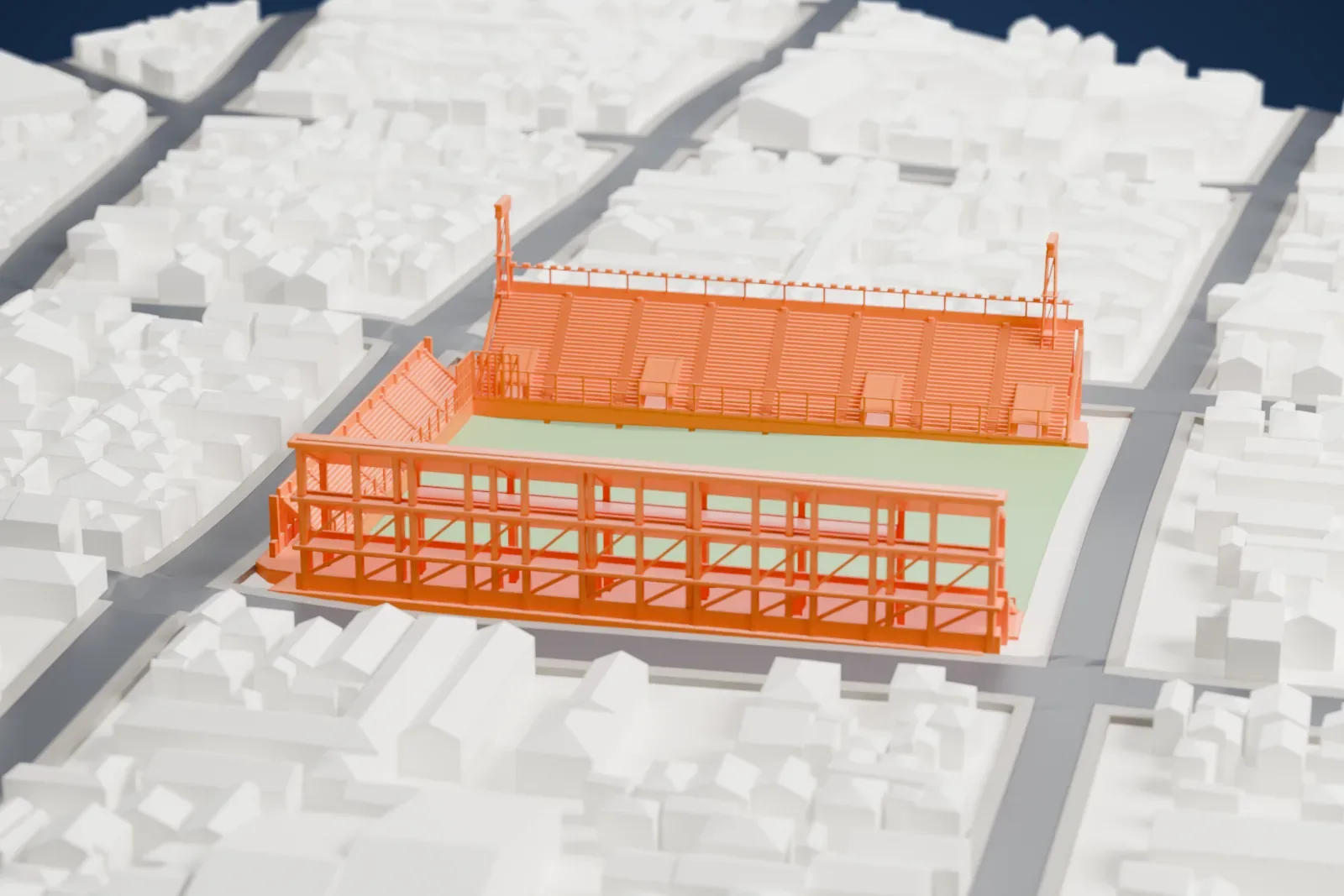A white 3D print of Estadio Diego Armando Maradona, a three-sided stadium with a tall stacked grandstand, steep terraces and two light towers, among surrounding buildings.