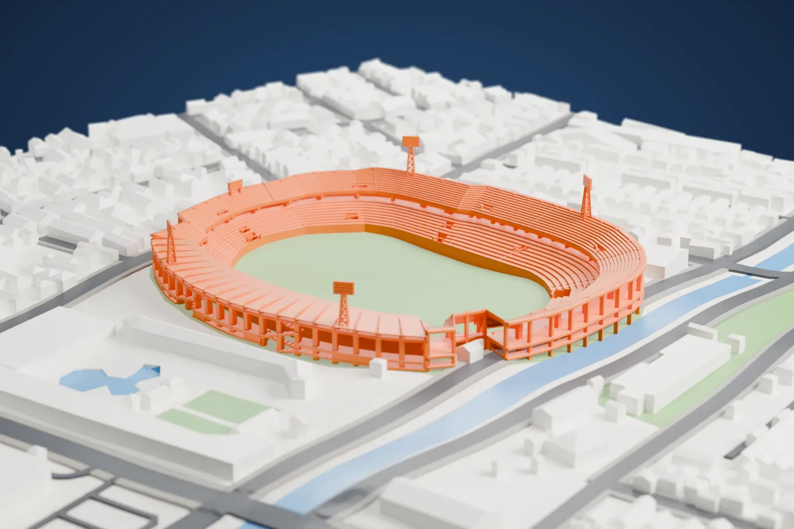 A white 3D print of Estádio do Arruda, showing its open oval bowl, covered west stand and floodlights, among the surrounding city.
