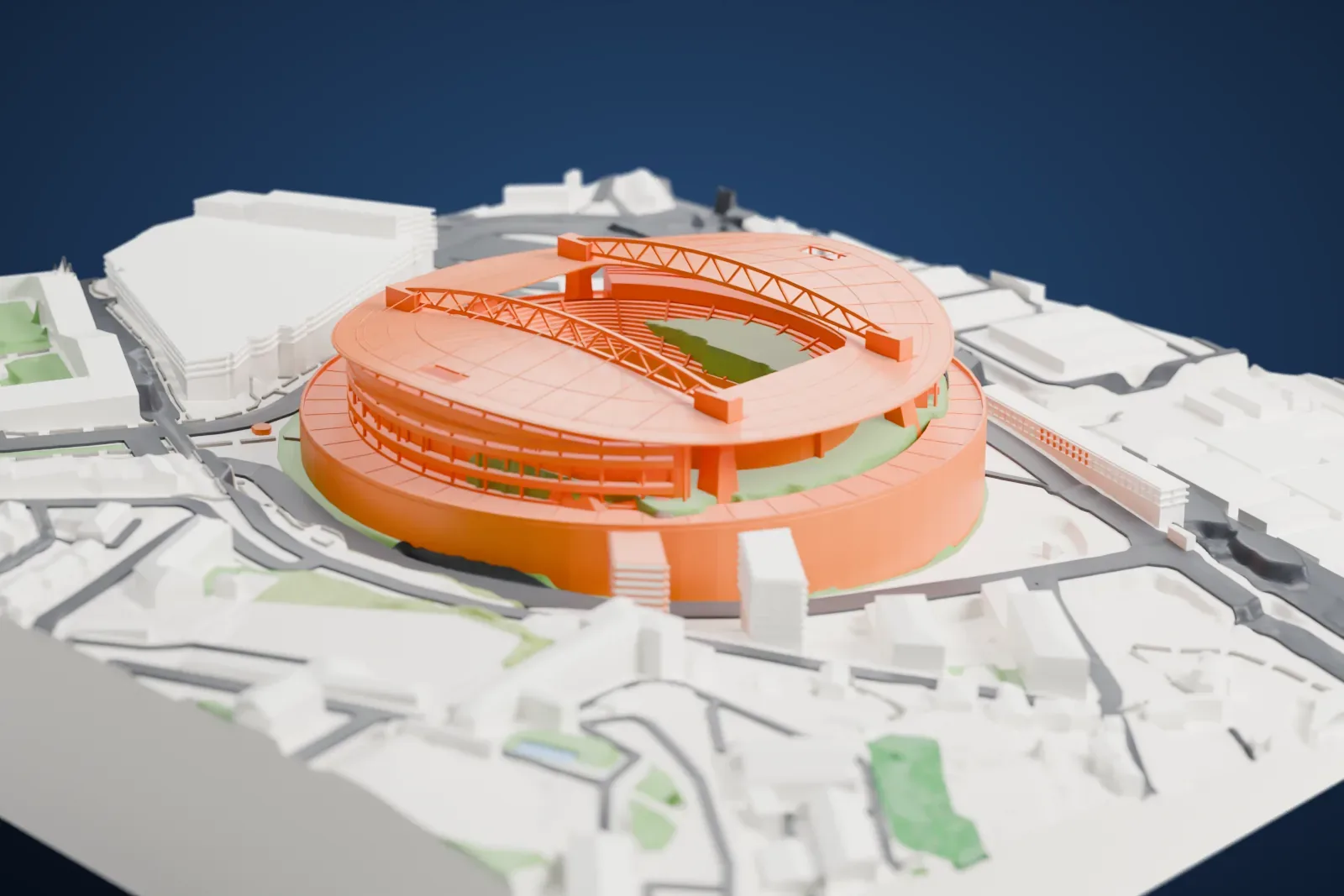 A white 3D print of the Estádio do Dragão, an oval stadium with a wide roof ring and cross trusses over the stands, surrounded by roads, buildings and sloping ground.