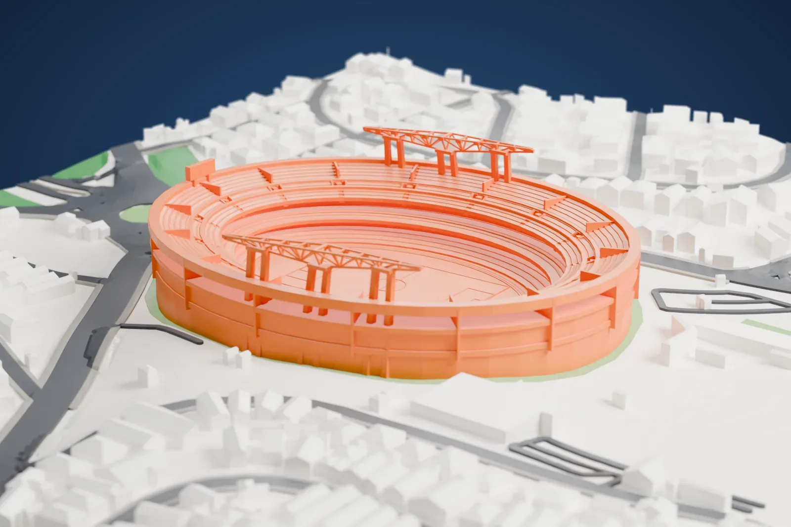 A white 3D print of the Estádio do Morumbi, a football stadium, among the surrounding streets and buildings.
