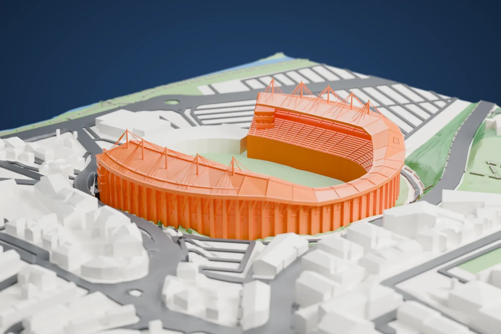 A white 3D print of the Estádio Dr. Magalhães Pessoa, a U-shaped bowl open at one end, with masts and cable fans over the main stands, among surrounding streets and buildings.