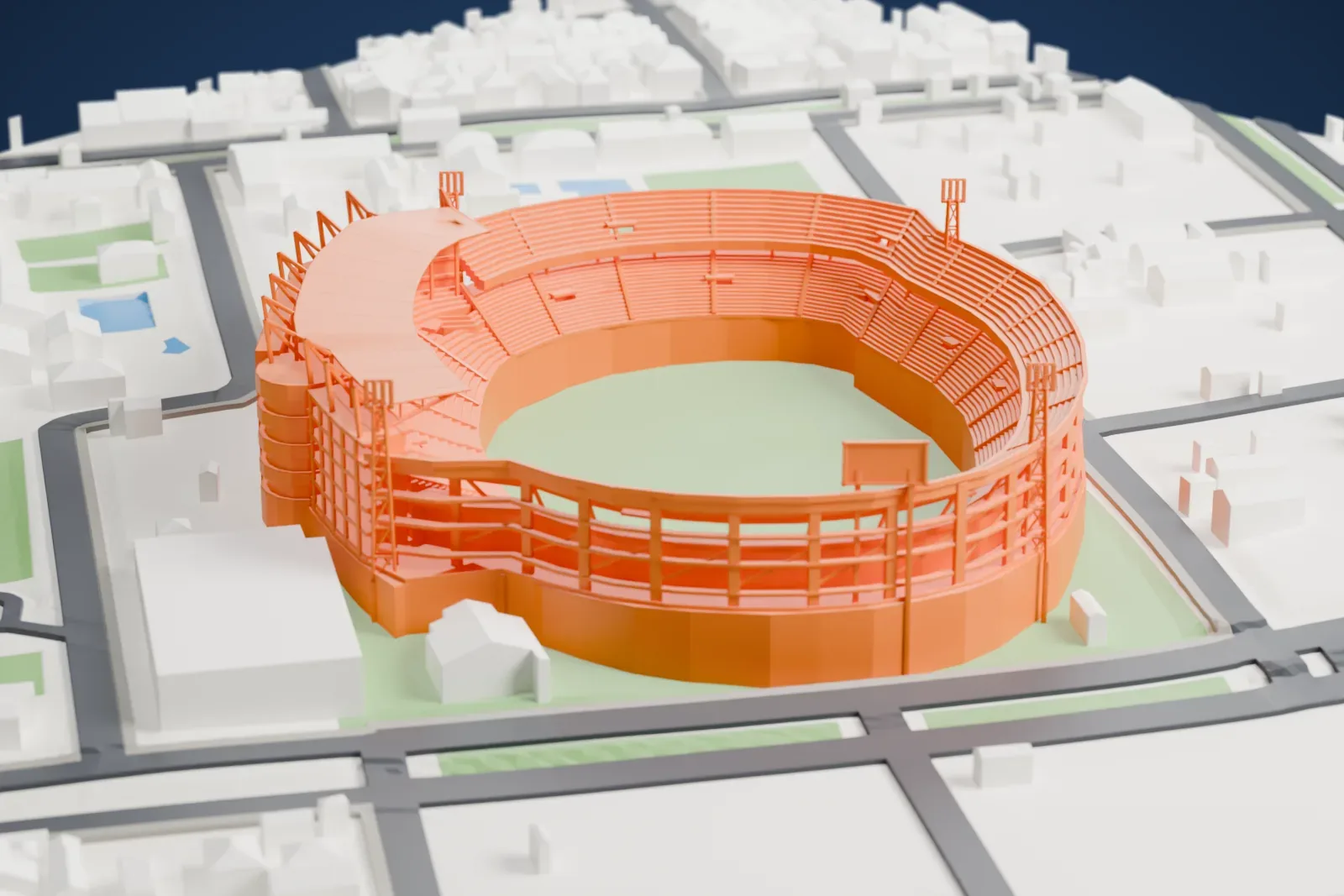A white 3D print of the Estadio General Pablo Rojas, an asymmetric oval bowl with one curved roof and four lattice floodlight towers, among the streets of Barrio Obrero.