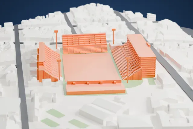 A white 3D print of the Estadio Gran Parque Central, a wide open ground with a tall glazed main stand, open corners and four corner masts, on a base of surrounding streets and buildings.