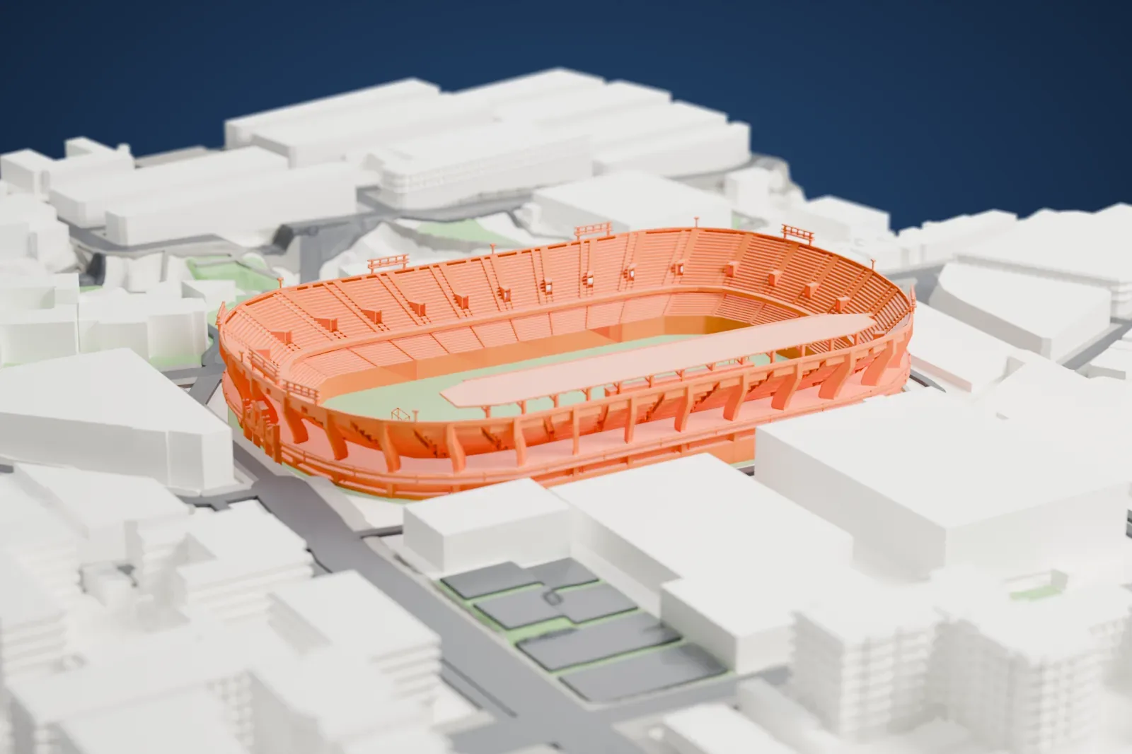 A white 3D print of the Estadio Heliodoro Rodríguez López, a rounded double-deck stadium with one thin canopy, among surrounding streets and buildings.