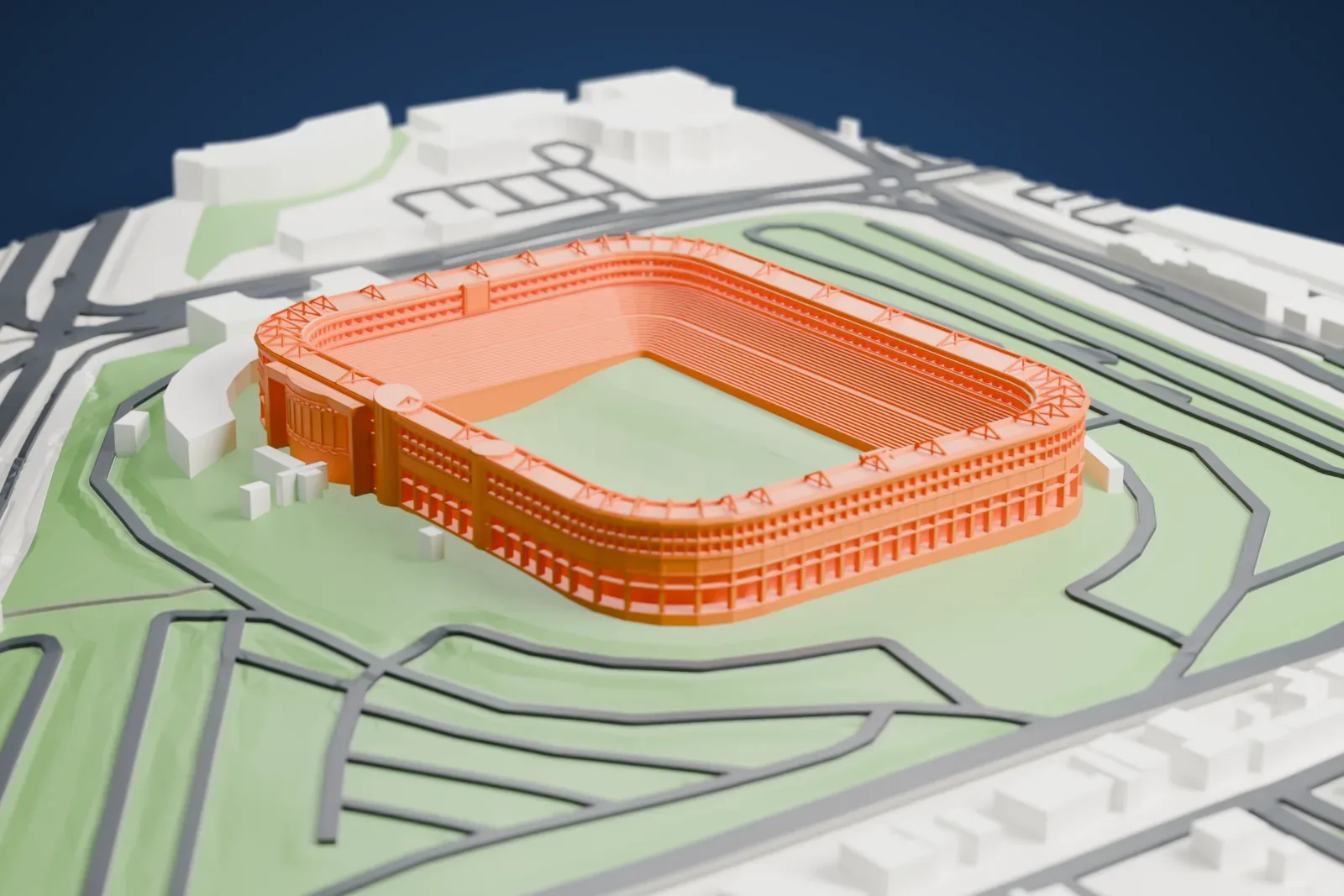 A white 3D print of the Estadio Hidalgo, showing its rounded bowl, low canopy and surrounding city buildings.