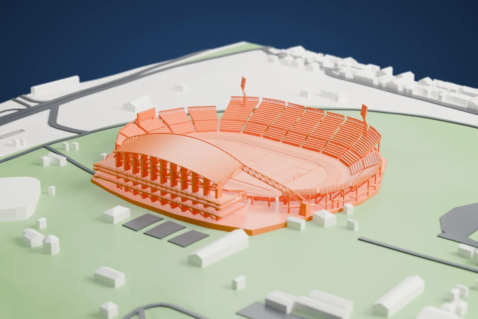 A white 3D print of Estadio José Antonio Anzoátegui, a large tiered stadium with a partial roof around a marked pitch, set in open ground.