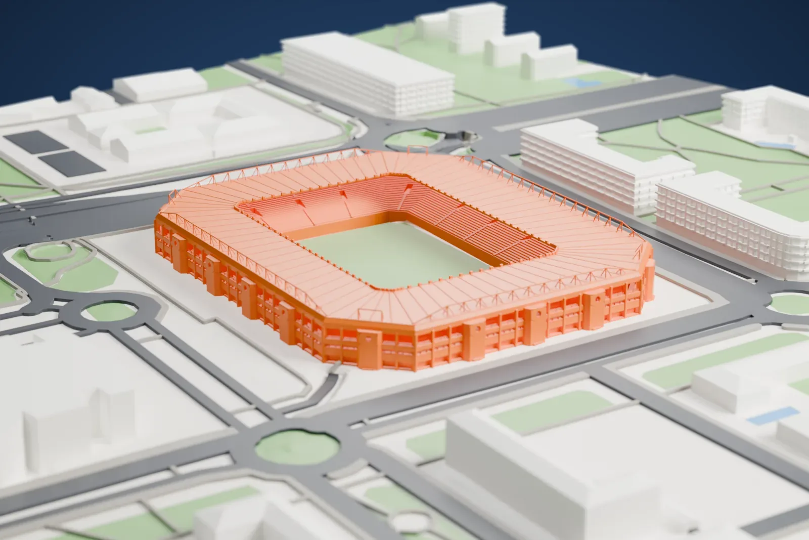 A white 3D print of Estadio Las Gaunas in Logroño, with the surrounding streets and buildings around it.