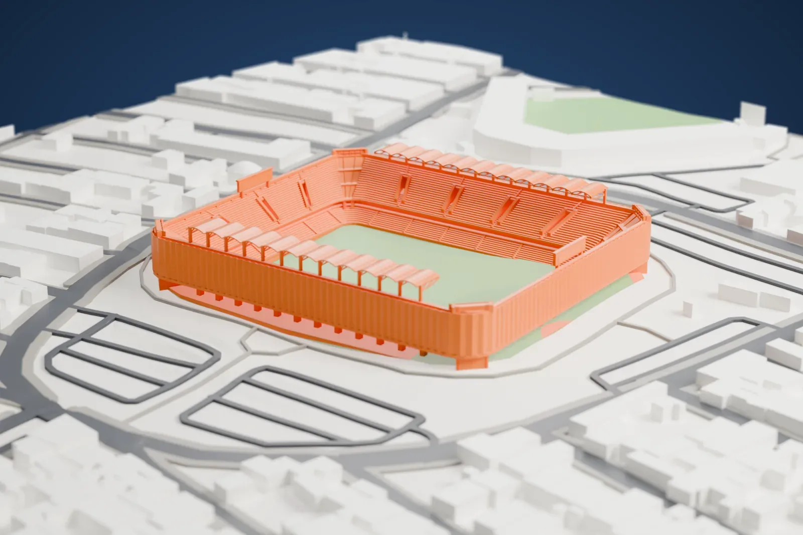 A white 3D print of the Estadio Luis "Pirata" Fuente, showing its two-tier bowl, sideline canopies and surrounding city buildings.
