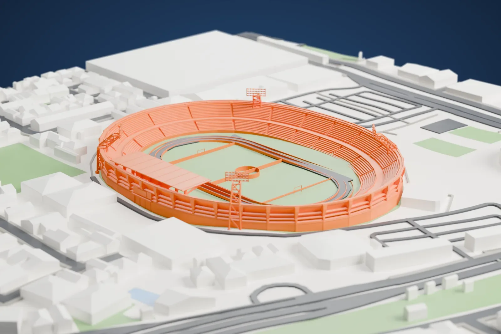 A white 3D print of Estadio Modelo Alberto Spencer Herrera, a large oval stadium with a running track around the pitch, among surrounding streets and buildings.