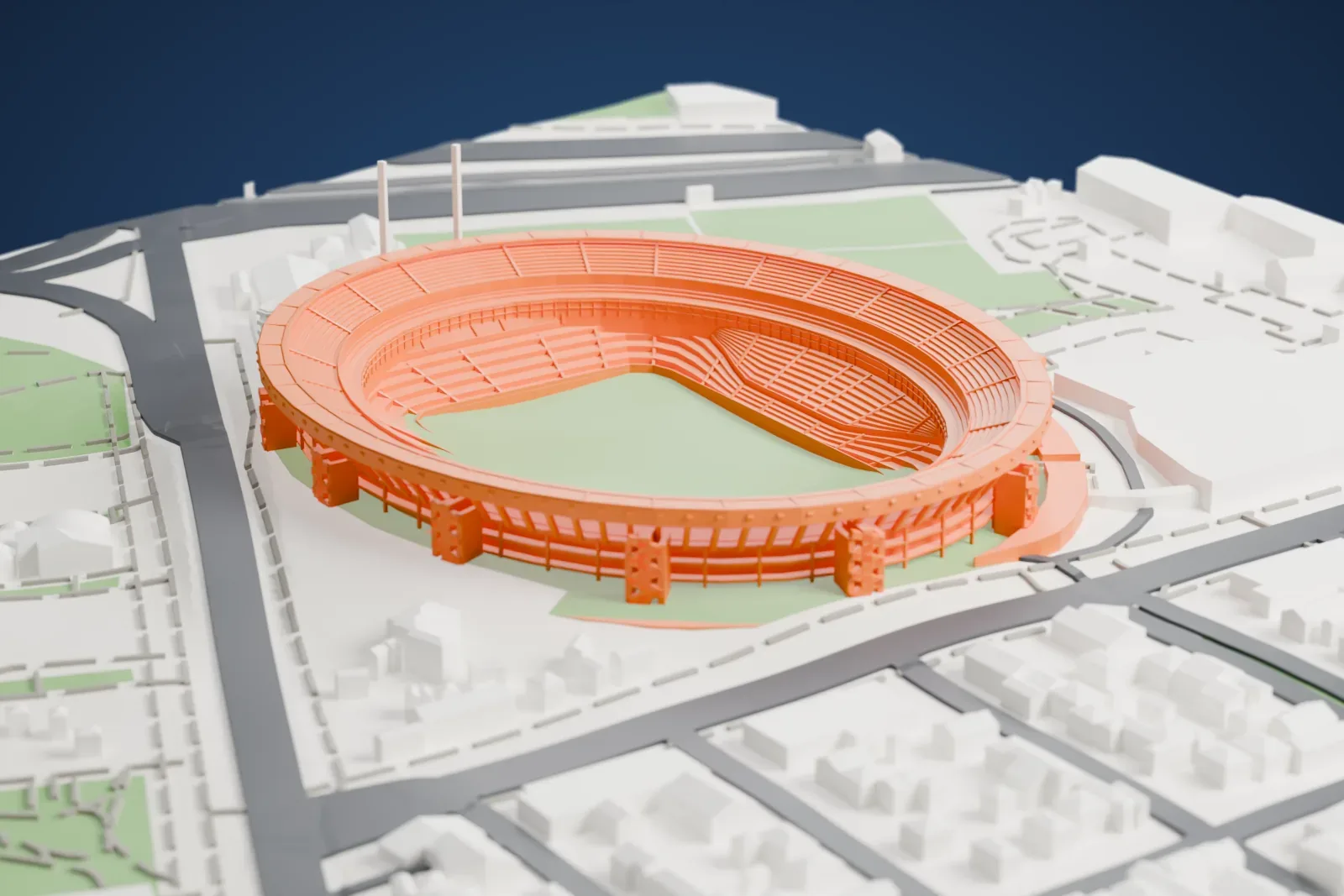 A white 3D print of the Estadio Monumental, a closed roofless oval bowl with four tiers, a band of leaning ribs and zigzag stair towers, on a base of surrounding streets and buildings.