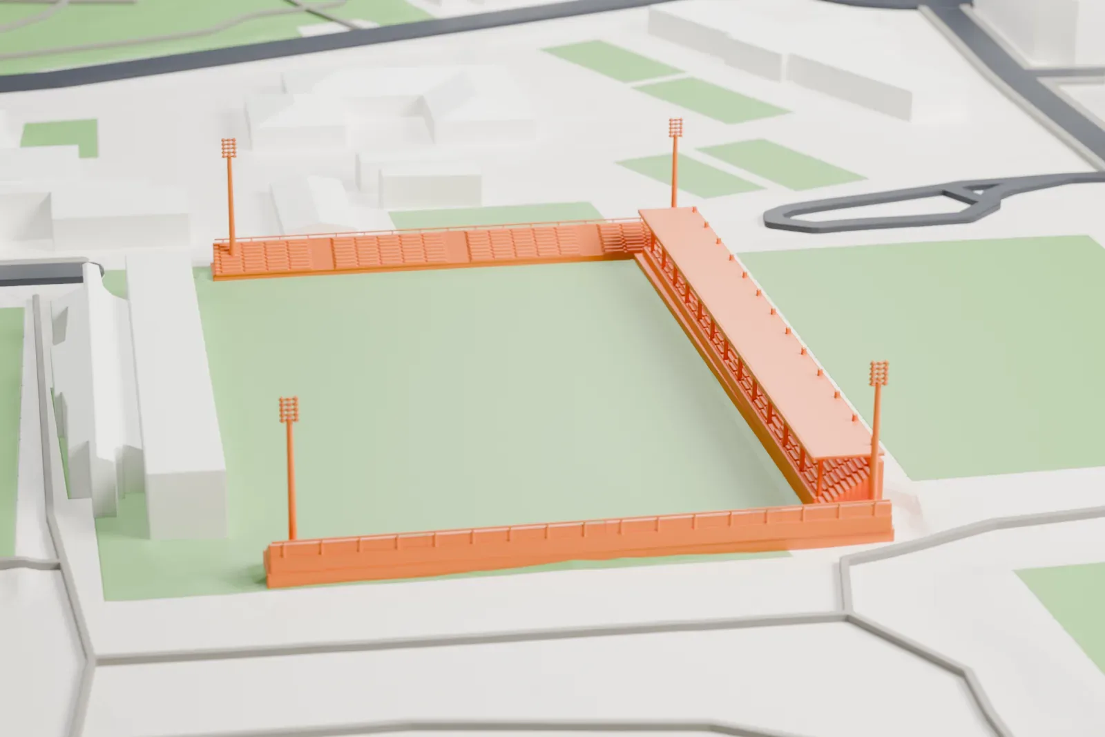 A white 3D print of the Estadio Municipal de Santo Domingo, a stadium among the surrounding streets and buildings.