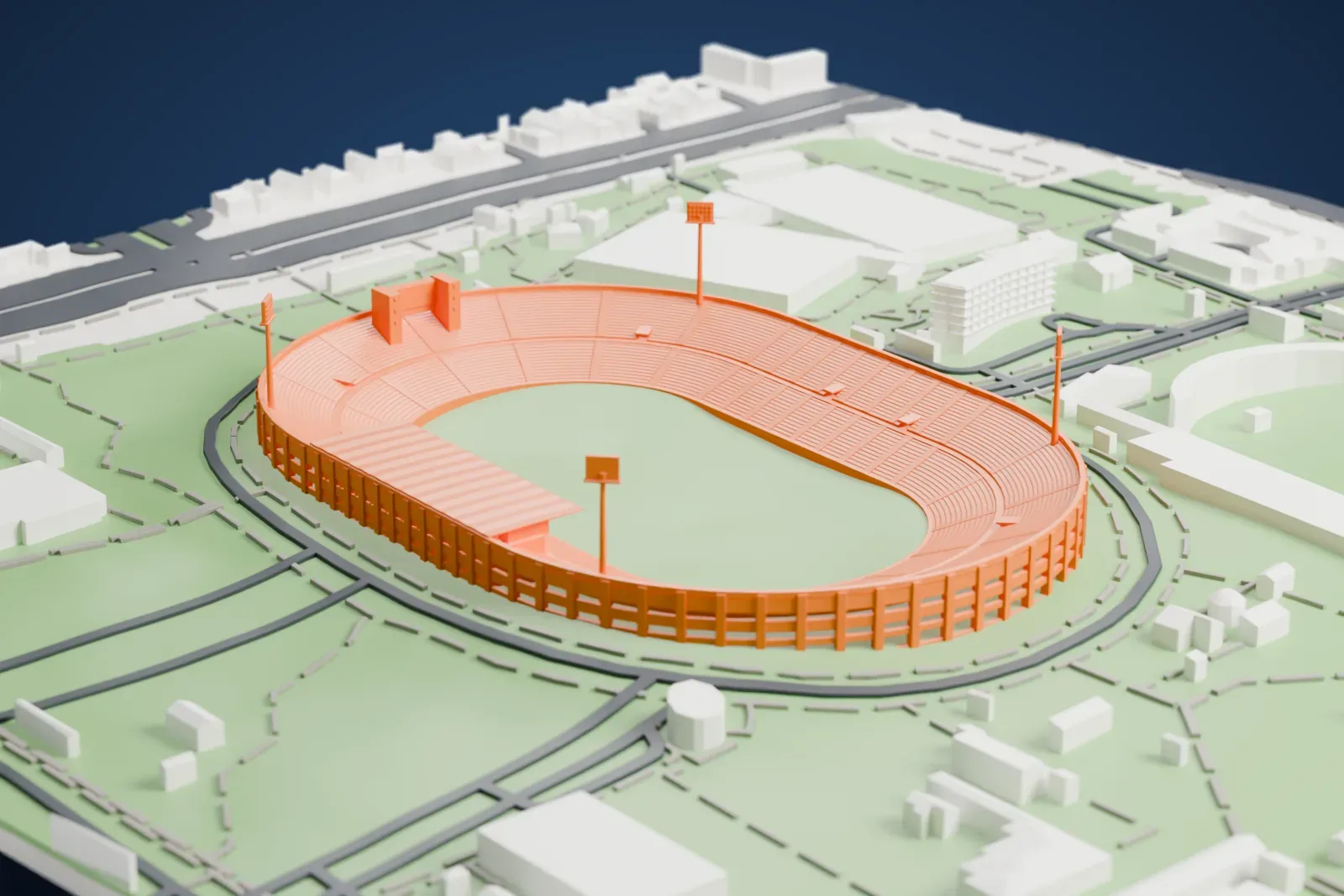 A white 3D print of Estadio Nacional Julio Martínez Prádanos, an oval stadium with tiered stands and four slim floodlight masts, set in a green park crossed by roads.