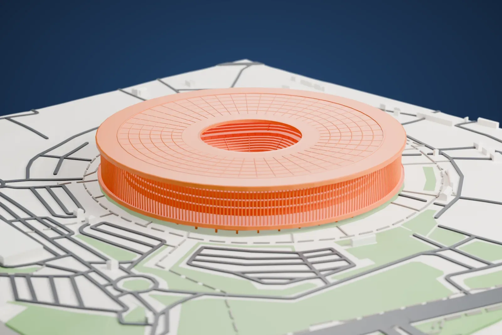 A white 3D print of the Estádio Nacional Mané Garrincha, a round stadium under a flat roof disc with an open center, ringed by slender columns on a raised terrace, on a base of surrounding streets and buildings.