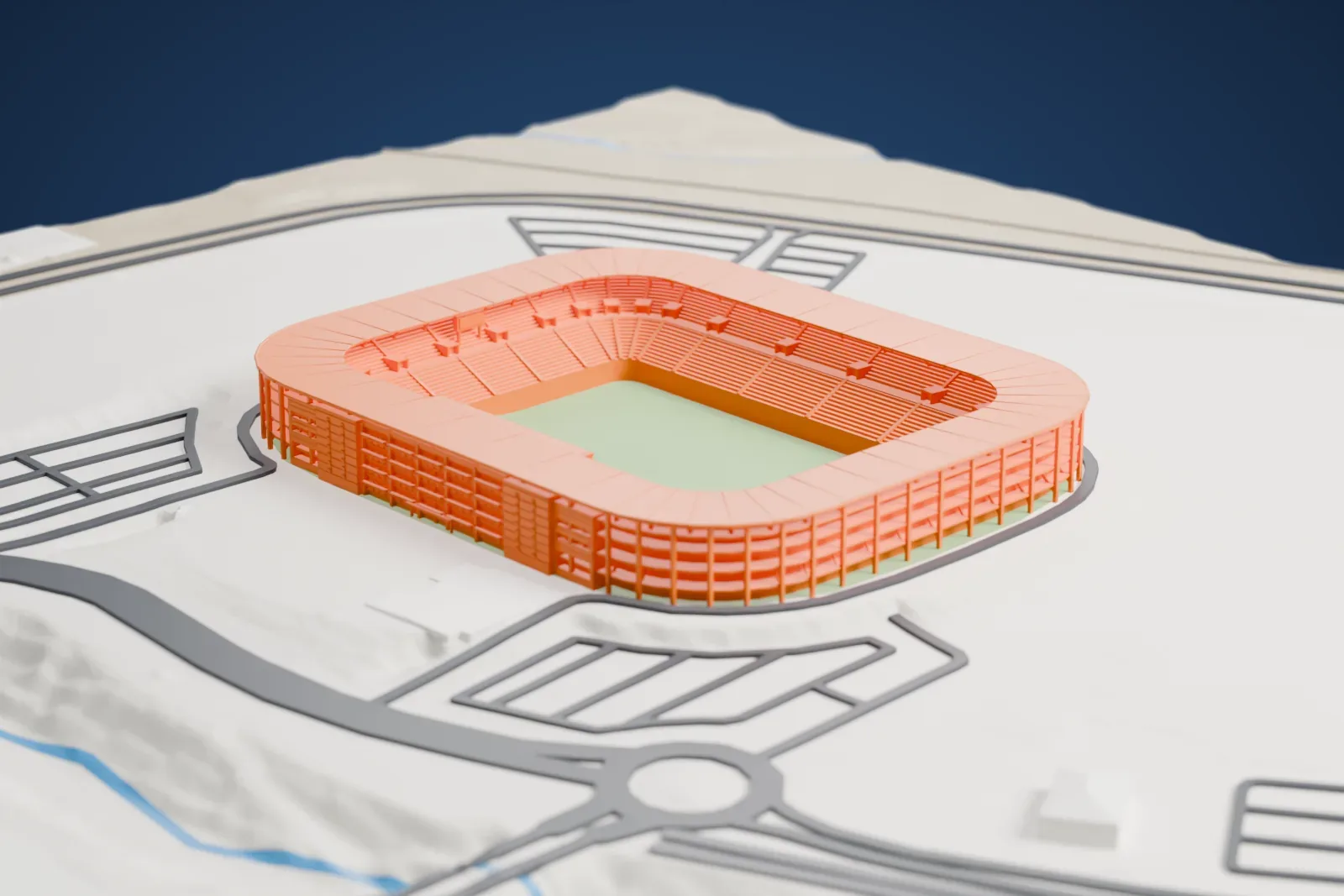 A white 3D print of Estadio Nueva Condomina, a rounded football bowl with a ring roof and glazed entrance bays, surrounded by the city of Murcia.