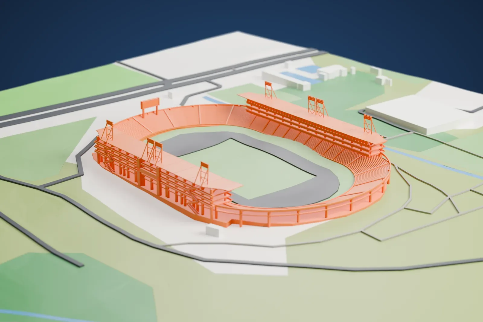 A white 3D print of Estadio Olímpico Metropolitano, an oval stadium with two tall side stands and a large scoreboard, among surrounding roads and open land.