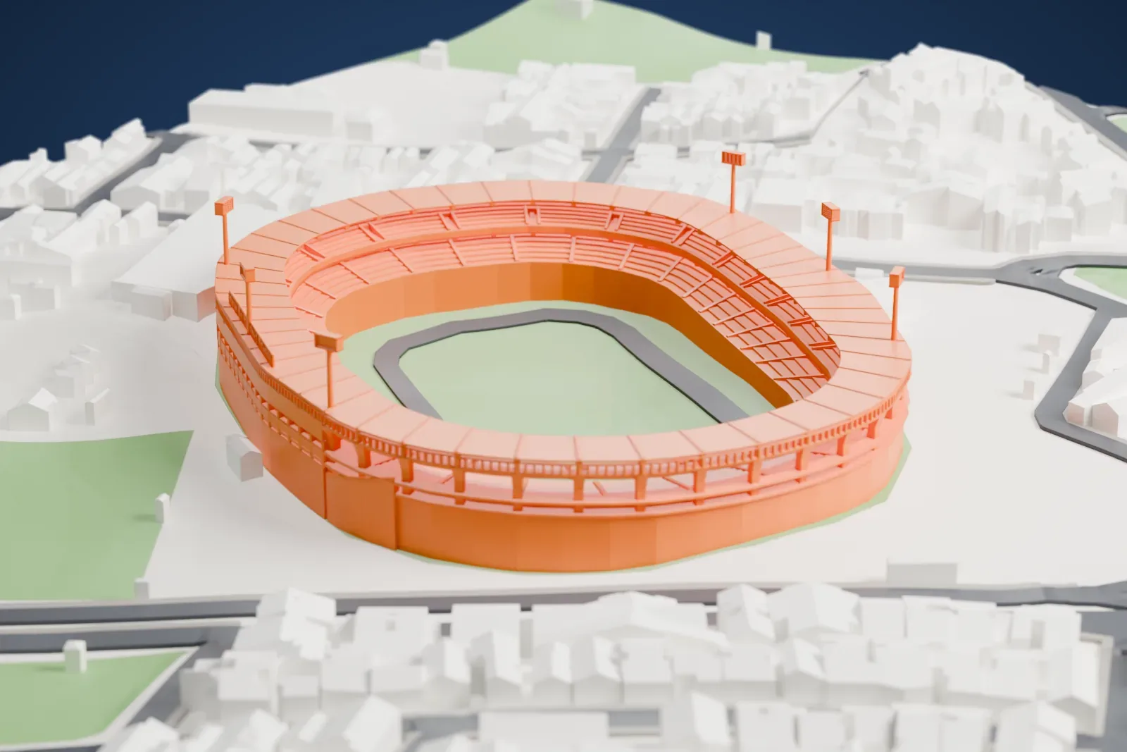 A white 3D print of Estádio Olímpico Monumental, a large oval football stadium with two tiers of stands and tall floodlight masts, among dense surrounding streets and buildings.