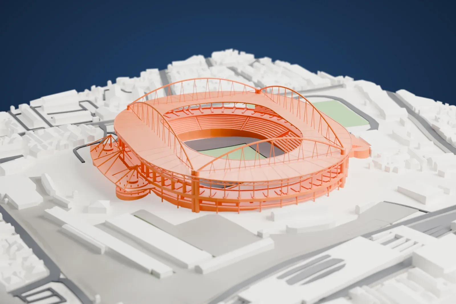 A white 3D print of Estádio Olímpico Nilton Santos, with its four roof arches and open central bowl, among the surrounding city buildings.