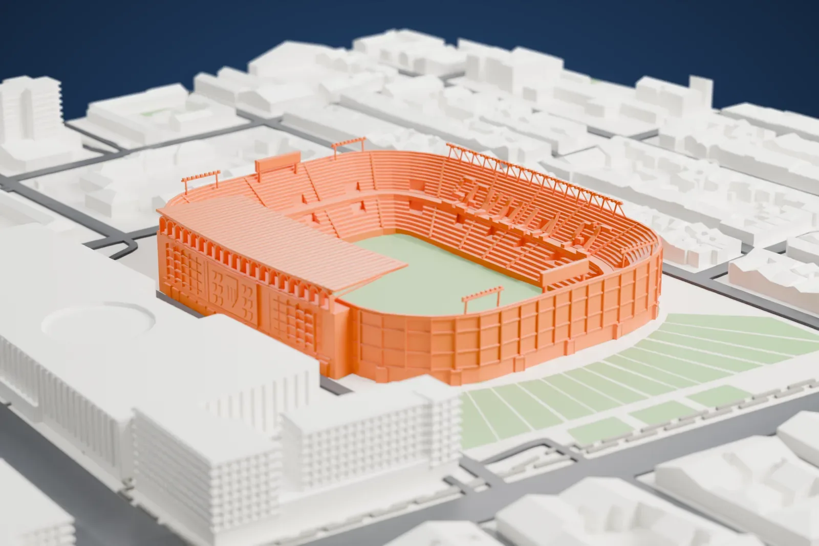 A white 3D print of Estadio Ramón Sánchez-Pizjuán, an oval stadium with tiered stands around the pitch, surrounded by city blocks, streets and a few patches of grass.