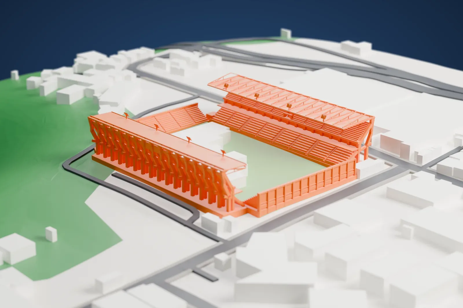 A white 3D print of Estadio Ricardo Saprissa Aymá, two tall side stands with separate roofs around an open field, among the surrounding streets and buildings of San Juan de Tibás.