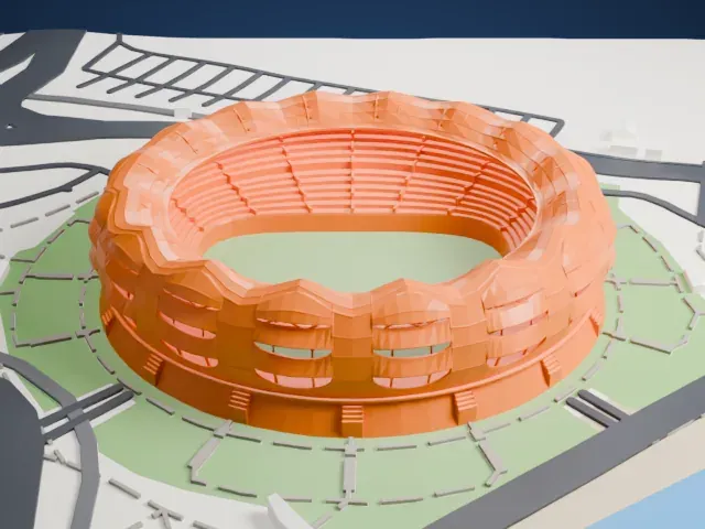 Estadio Único Madre de Ciudades model, East view