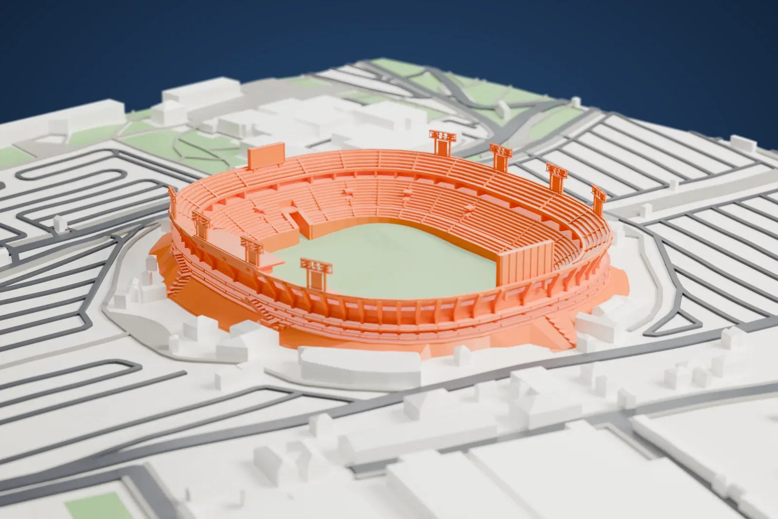 A white 3D print of Estadio Universitario, an open oval bowl with raked seating, floodlight banks and a large end screen, on the UANL campus in San Nicolás de los Garza.