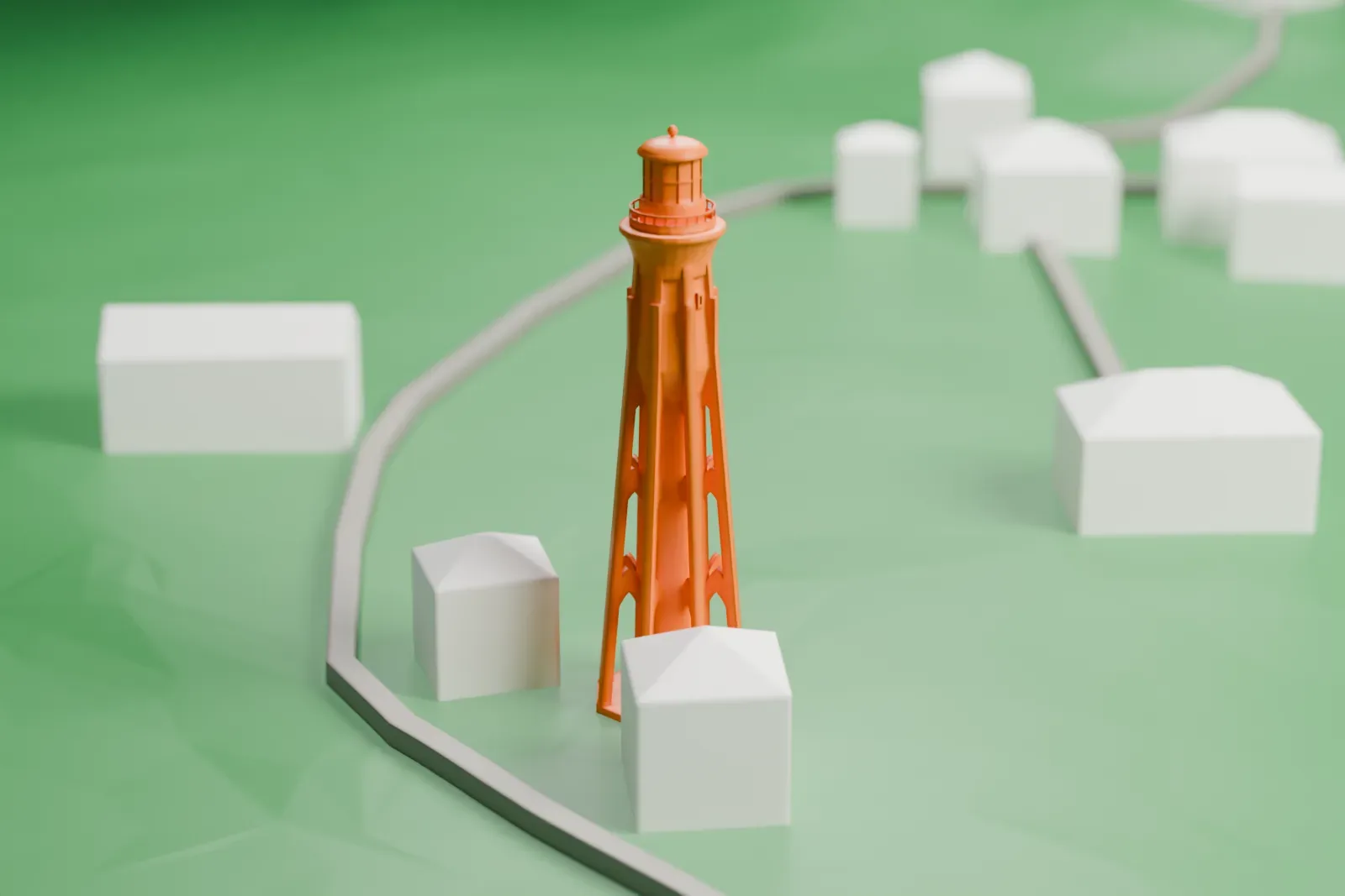 A white 3D print of the Estevan Point Lighthouse, a tall tower, with its surroundings.