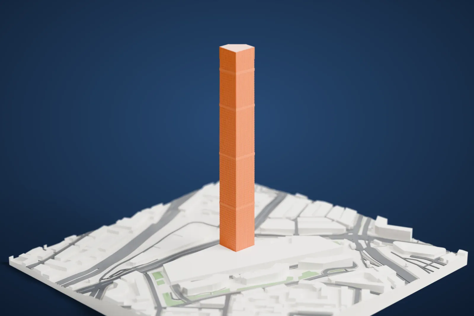 A white 3D print of Eton Place Dalian Tower 1, a tall skyscraper, standing among the surrounding streets and buildings of Dalian.