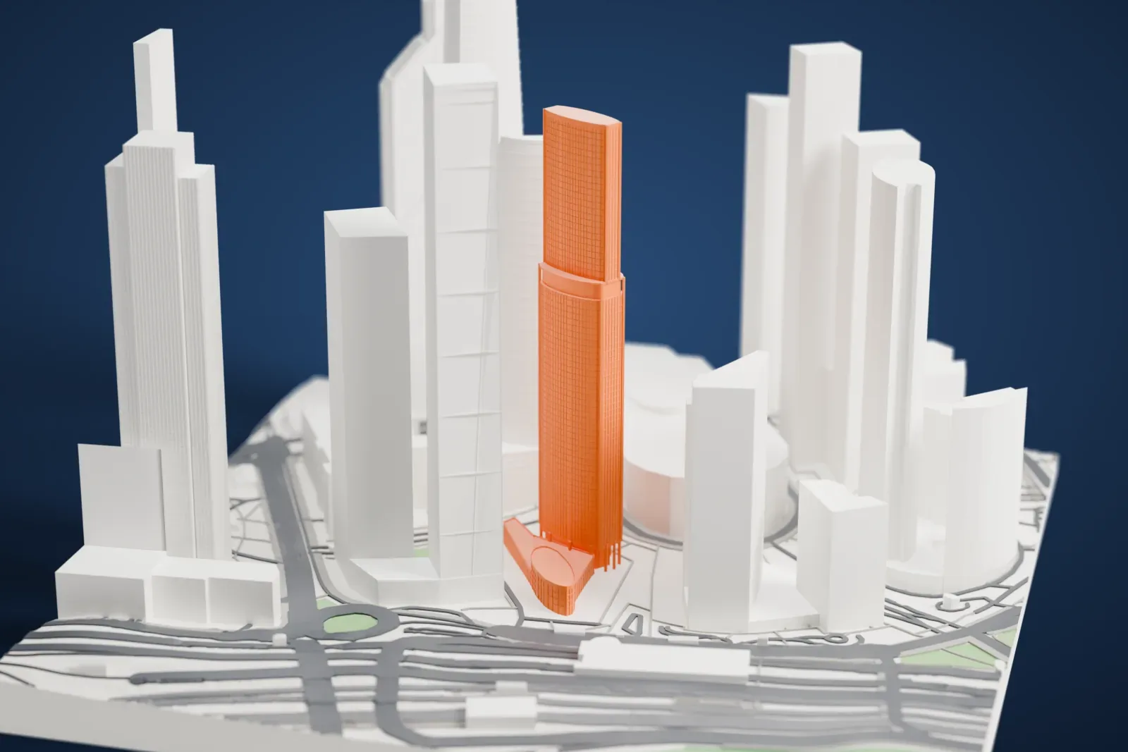 A white 3D print of Eurasia, a curved tower rising from a lower podium, among surrounding city blocks.