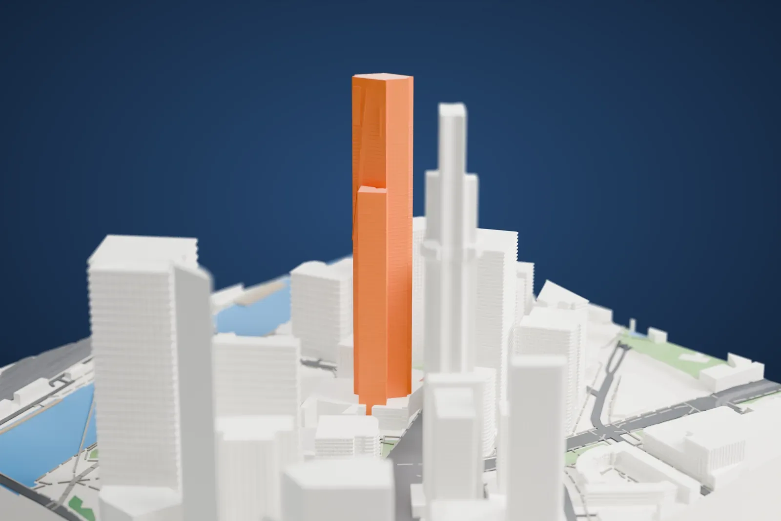 A white 3D print of Eureka Tower, a slender tall tower with stepped lower blocks and an angled crown, standing among other tall buildings near a river.