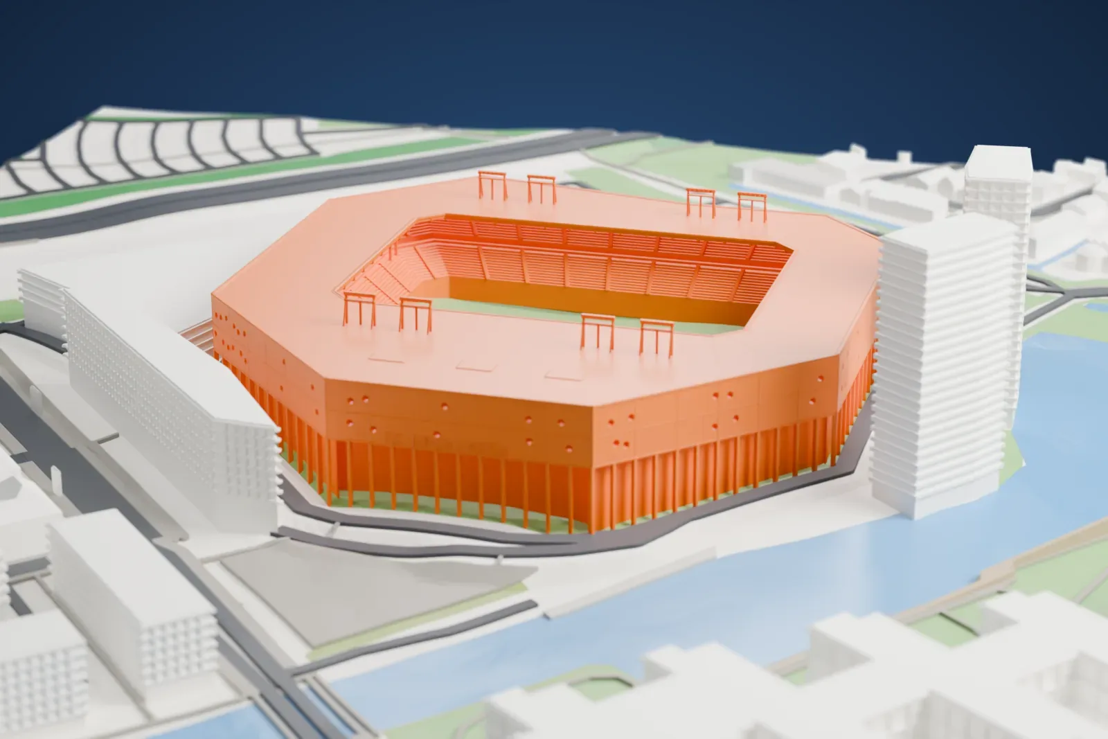 A white 3D print of Euroborg, a low stadium with a chamfered shell and an open ring roof, surrounded by the streets and buildings of Groningen.