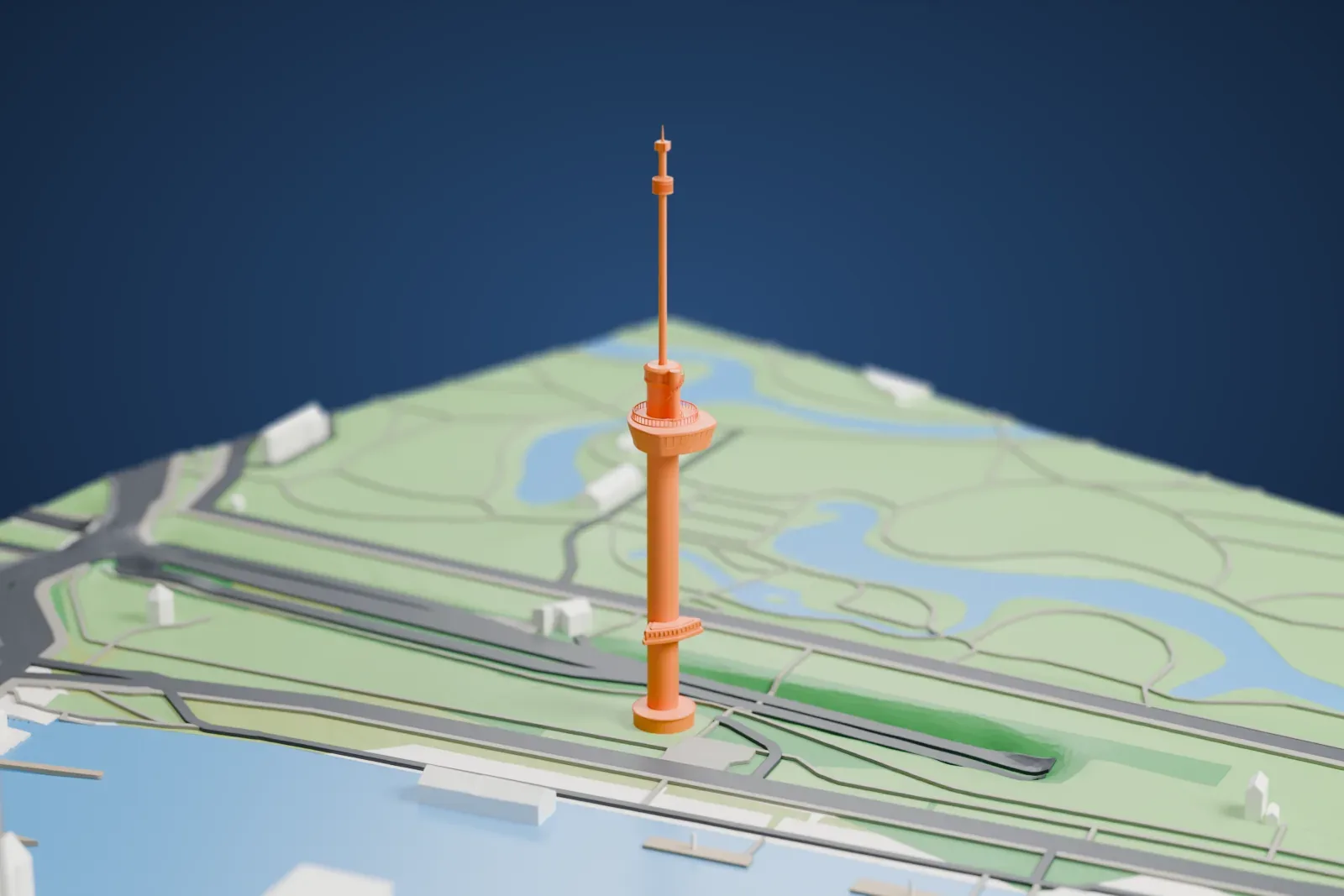 A white 3D print of Euromast rising above the surrounding streets and buildings.