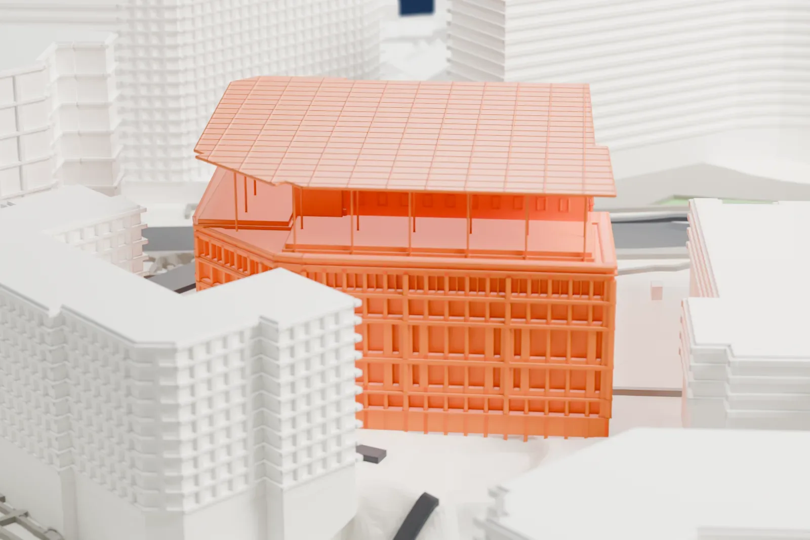 A white 3D print of the Europa building, with its lantern-shaped core behind open window screens and the lower Art Deco wings, among surrounding streets and buildings.