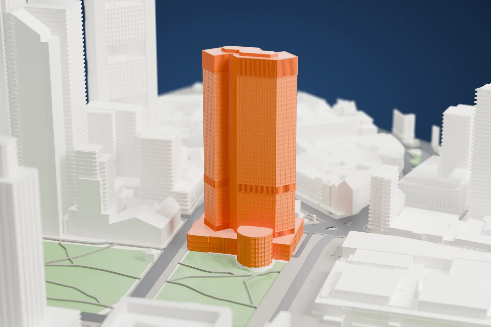 A white 3D print of the Eurotower, a tall office tower, among surrounding streets and buildings.