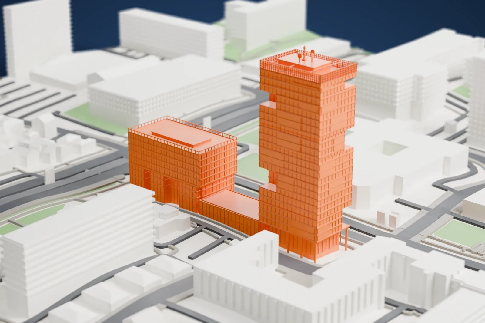 A white 3D print of Eurotower, a tall office tower with a lower wing beside it, among the surrounding streets and buildings.