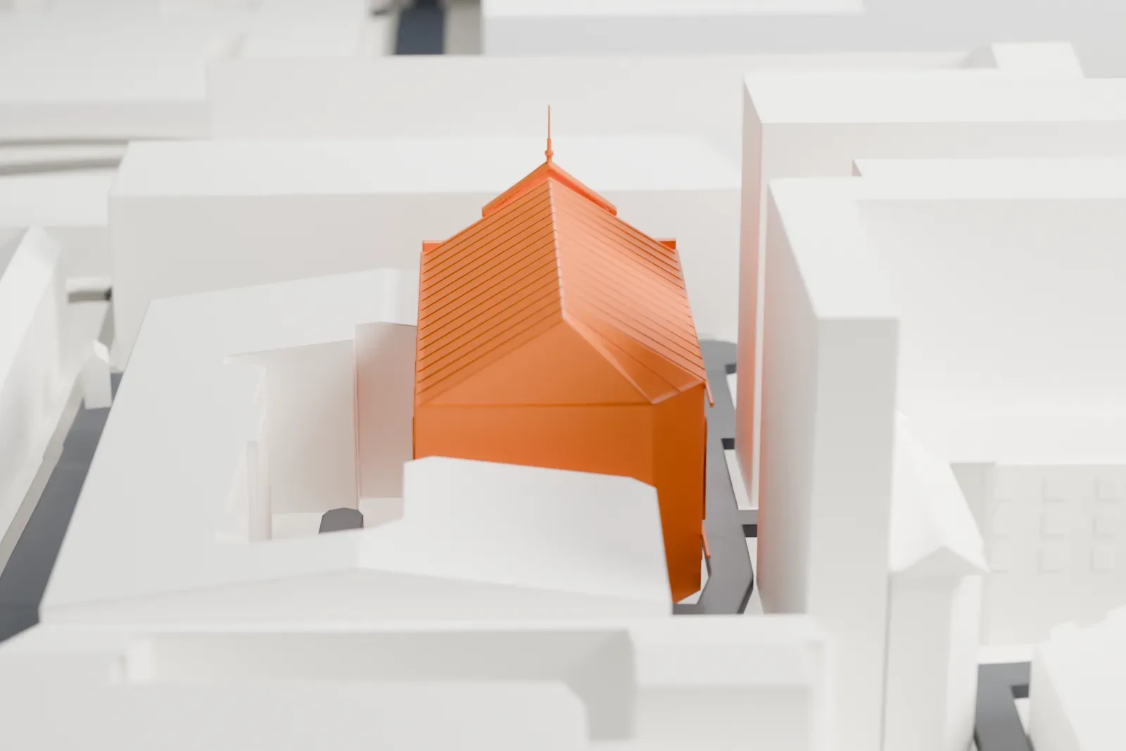 A white 3D print of the Evangelical Lutheran Church of Saint Catherine among the streets and buildings of Saint Petersburg.
