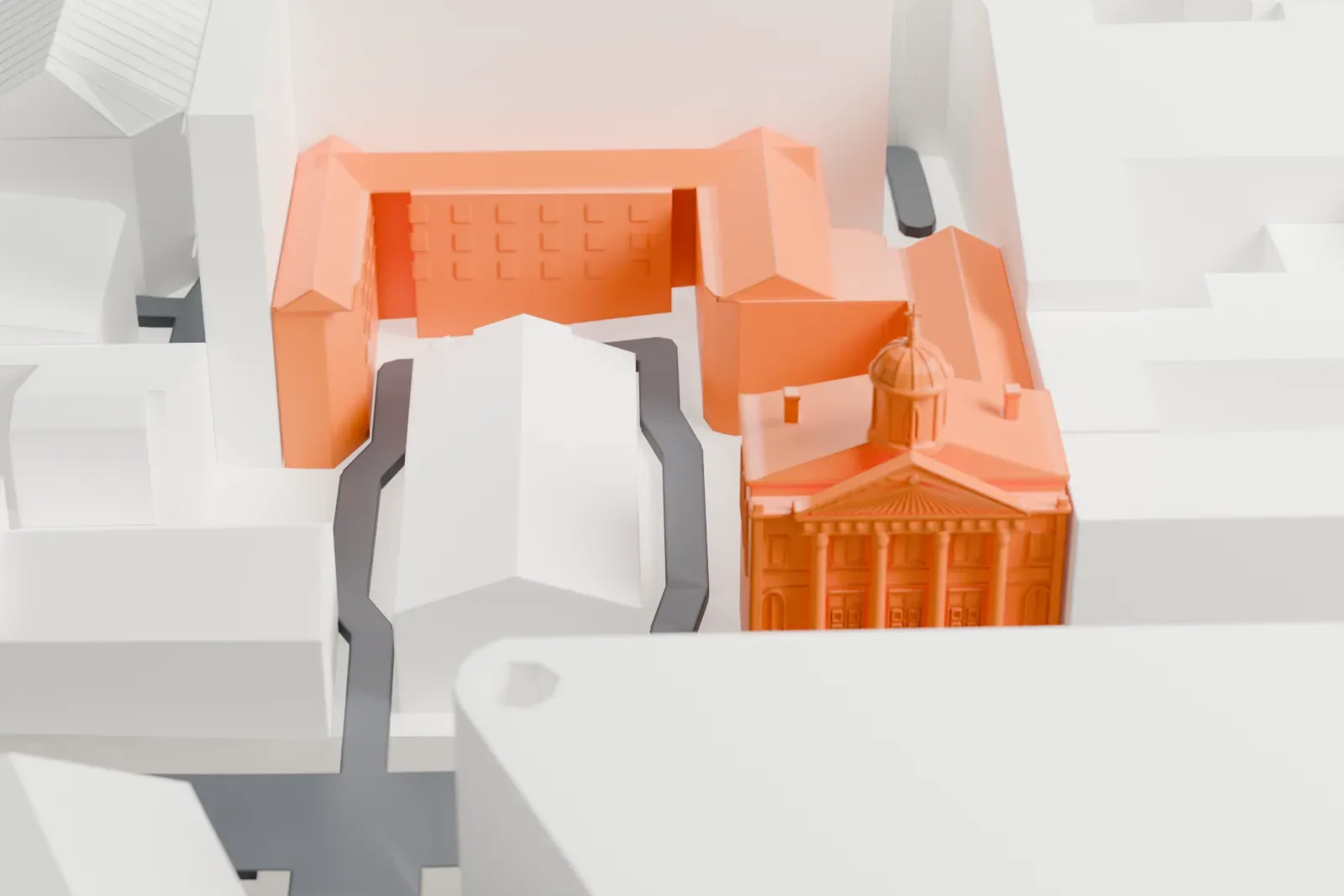 A white 3D print of the Evangelical Lutheran Church of Saint Mary among the surrounding streets and buildings.